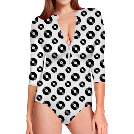 White And Black Vinyl Pattern Print Long Sleeve Swimsuit
