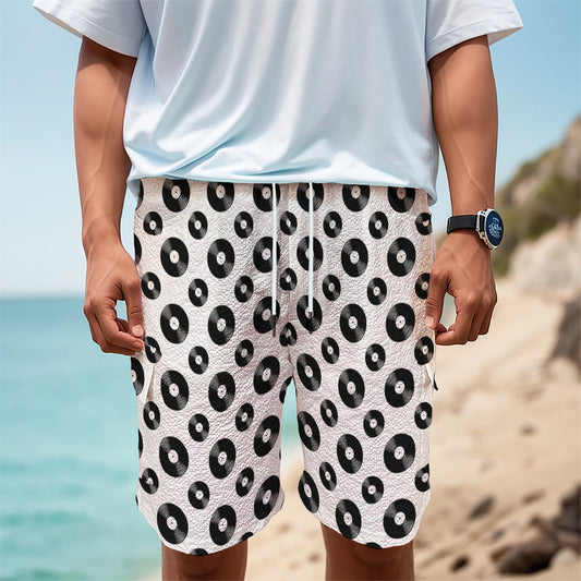 White And Black Vinyl Pattern Print Men's Cargo Shorts