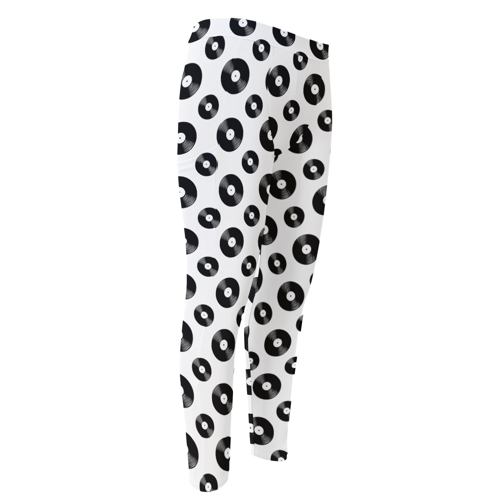White And Black Vinyl Pattern Print Men's Compression Pants