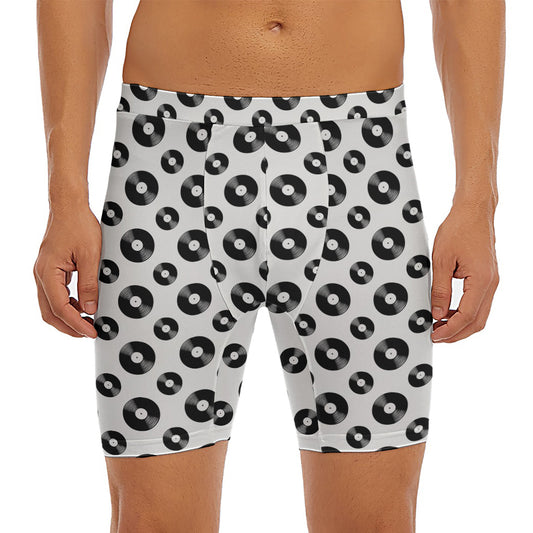 White And Black Vinyl Pattern Print Men's Long Boxer Briefs