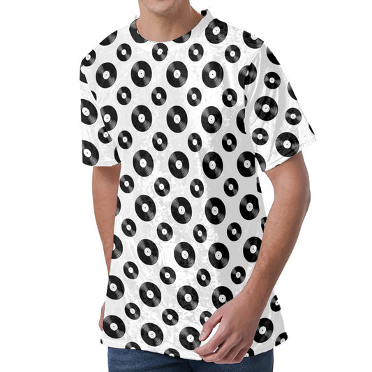 White And Black Vinyl Pattern Print Men's Velvet T-Shirt