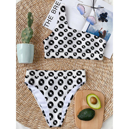 White And Black Vinyl Pattern Print One Shoulder Bikini Top