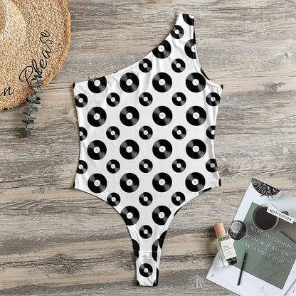 White And Black Vinyl Pattern Print One Shoulder Bodysuit