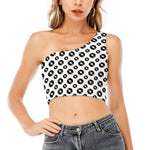 White And Black Vinyl Pattern Print One Shoulder Crop Top