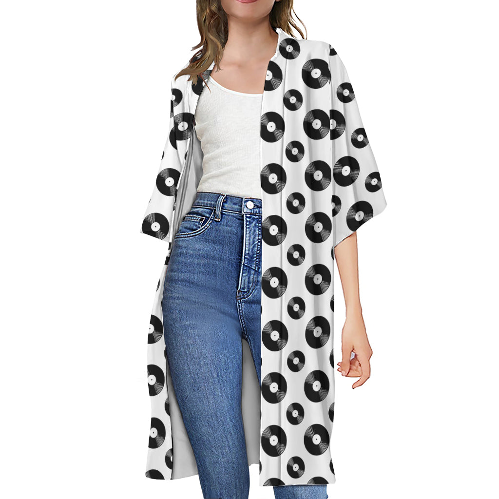 White And Black Vinyl Pattern Print Open Front Beach Cover Up
