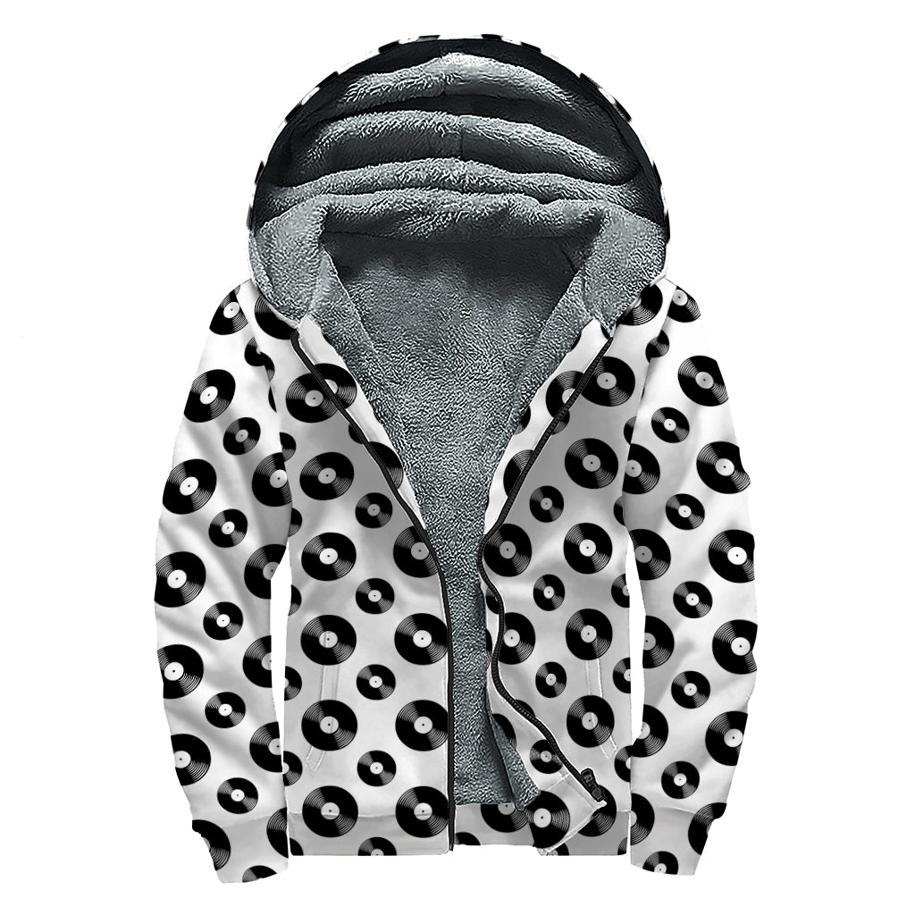 White And Black Vinyl Pattern Print Sherpa Lined Zip Up Hoodie
