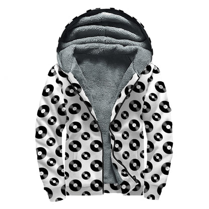 White And Black Vinyl Pattern Print Sherpa Lined Zip Up Hoodie