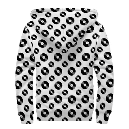 White And Black Vinyl Pattern Print Sherpa Lined Zip Up Hoodie