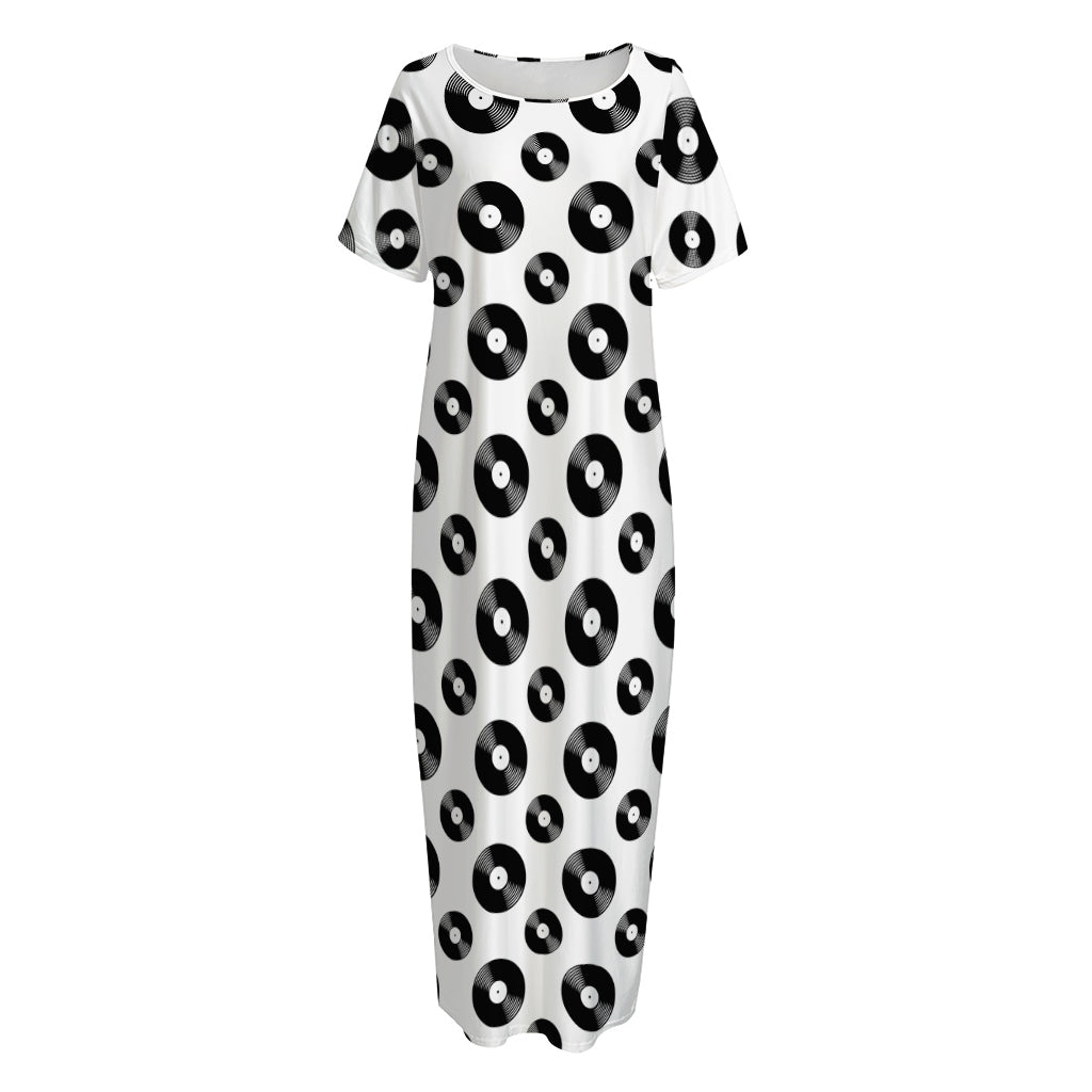 White And Black Vinyl Pattern Print Short Sleeve Long Nightdress