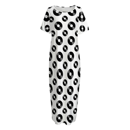 White And Black Vinyl Pattern Print Short Sleeve Long Nightdress