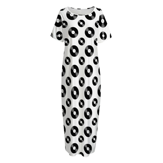 White And Black Vinyl Pattern Print Short Sleeve Long Nightdress