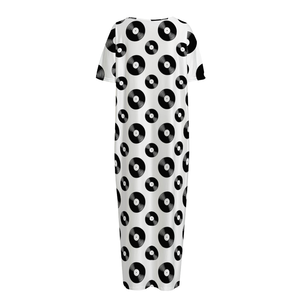 White And Black Vinyl Pattern Print Short Sleeve Long Nightdress