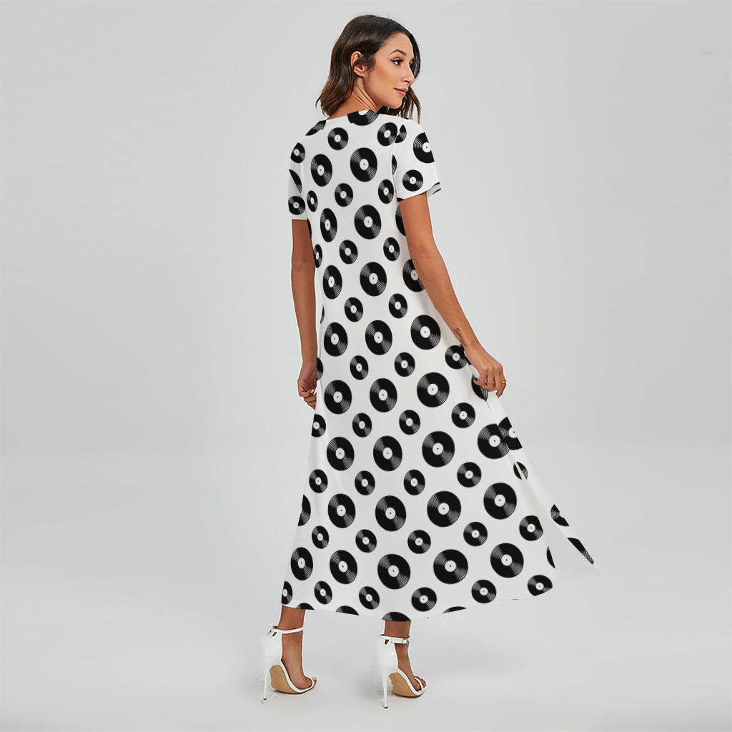 White And Black Vinyl Pattern Print Short Sleeve Maxi Dress