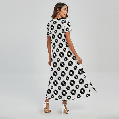 White And Black Vinyl Pattern Print Short Sleeve Maxi Dress
