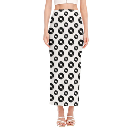 White And Black Vinyl Pattern Print Side Slit Maxi Skirt