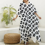 White And Black Vinyl Pattern Print Silk V-Neck Kaftan Dress