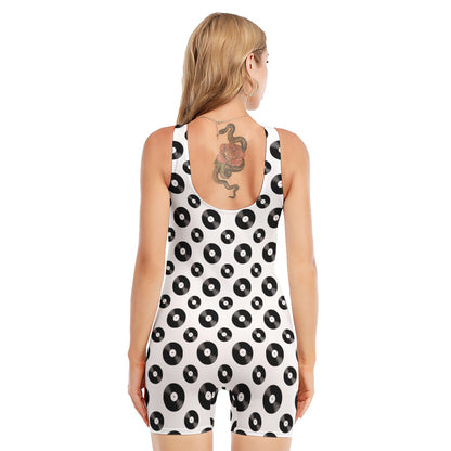 White And Black Vinyl Pattern Print Sleeveless One Piece Swimsuit