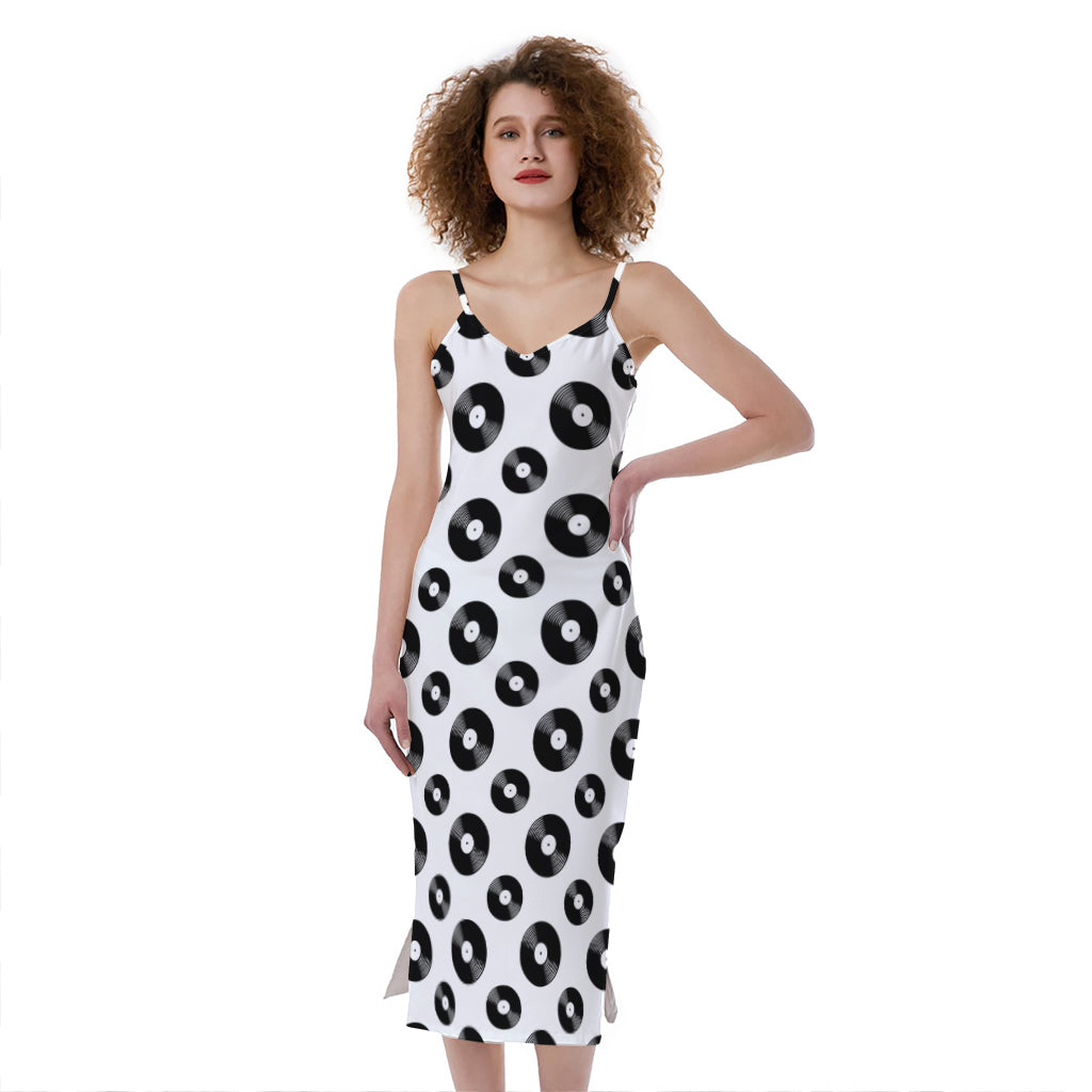 White And Black Vinyl Pattern Print Slim Fit Midi Cami Dress