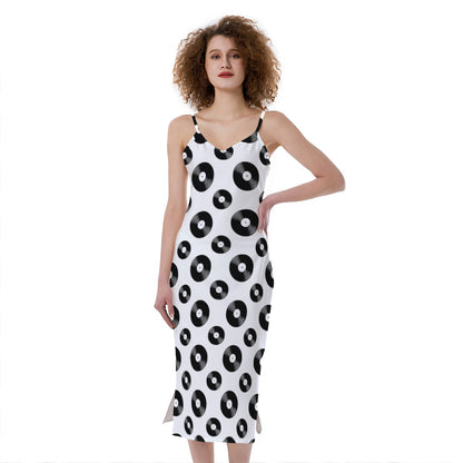 White And Black Vinyl Pattern Print Slim Fit Midi Cami Dress
