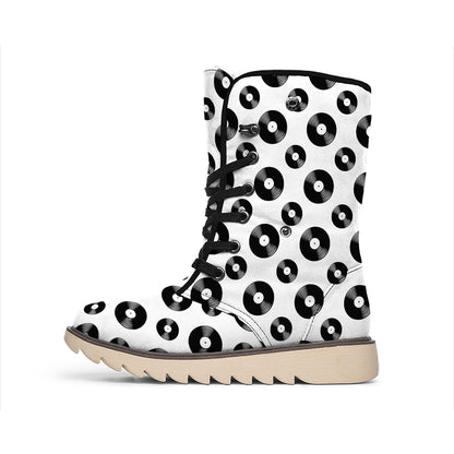 White And Black Vinyl Pattern Print Winter Boots