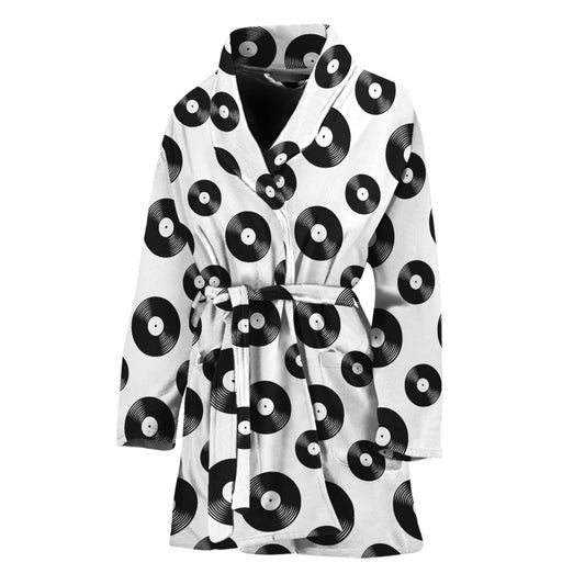 White And Black Vinyl Pattern Print Women's Bathrobe