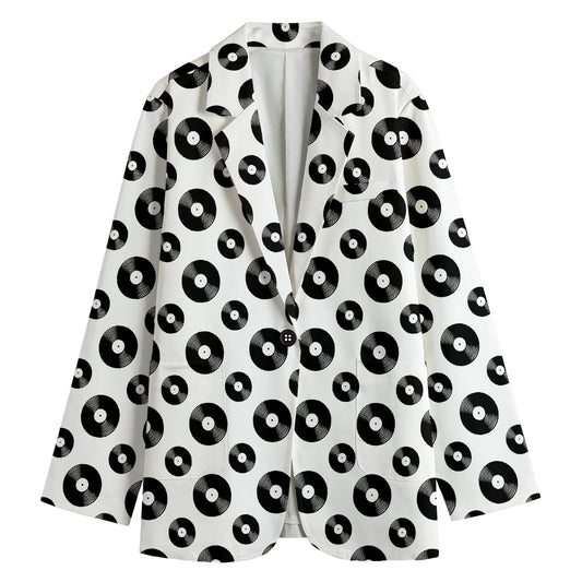 White And Black Vinyl Pattern Print Women's Blazer
