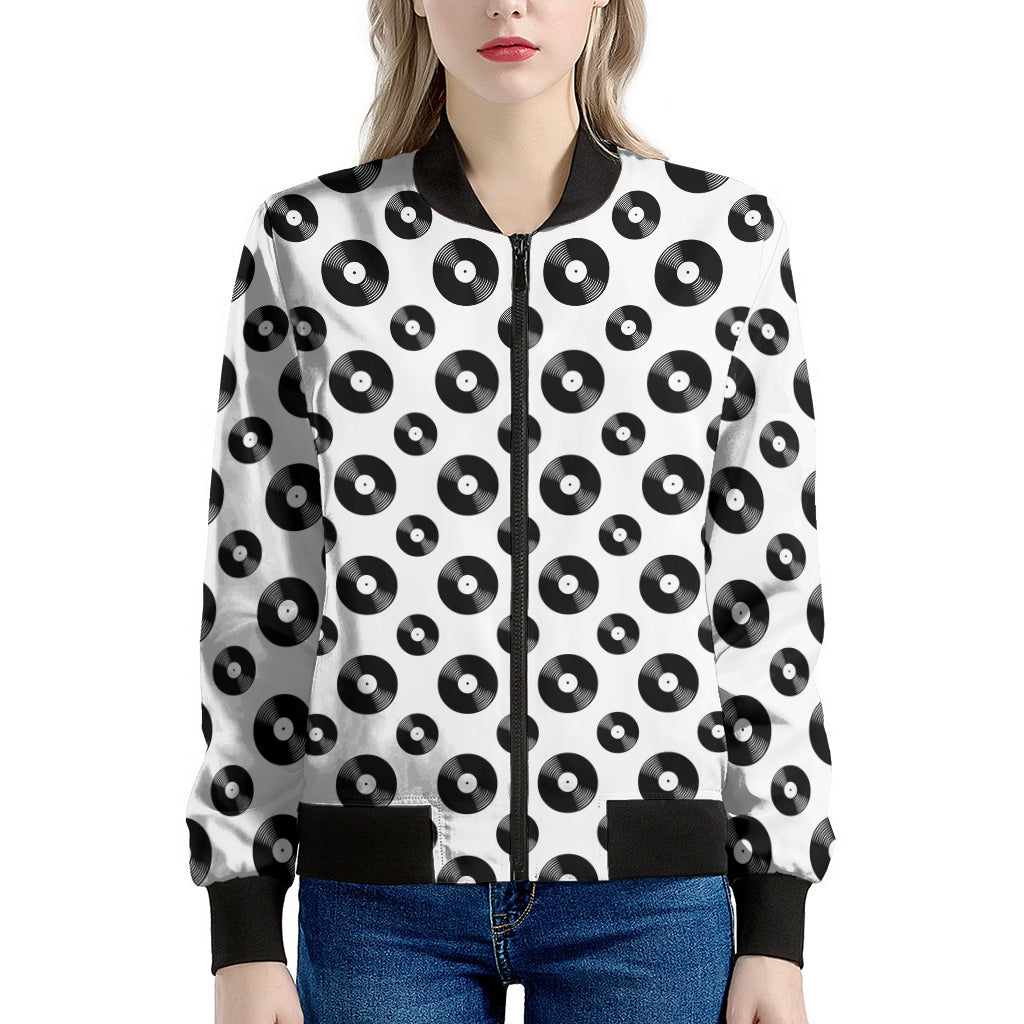 White And Black Vinyl Pattern Print Women's Bomber Jacket