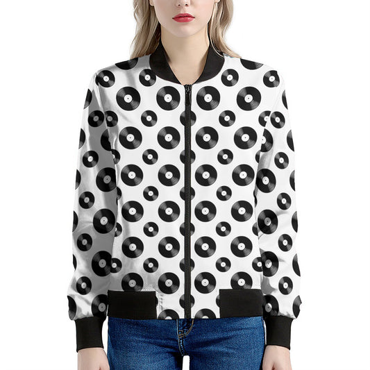 White And Black Vinyl Pattern Print Women's Bomber Jacket