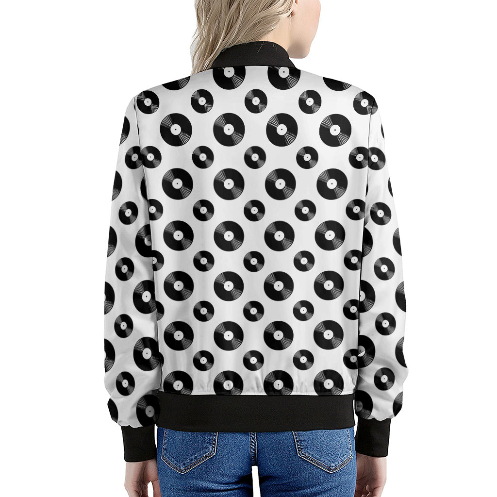 White And Black Vinyl Pattern Print Women's Bomber Jacket