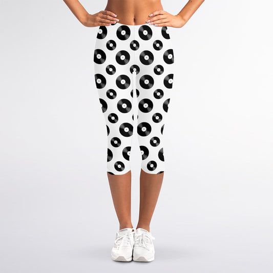 White And Black Vinyl Pattern Print Women's Capri Leggings