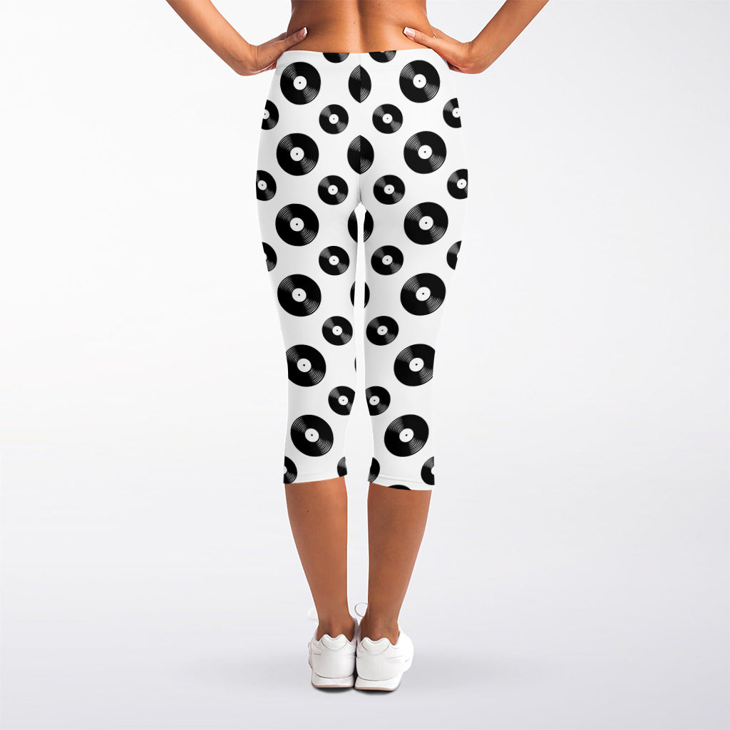 White And Black Vinyl Pattern Print Women's Capri Leggings