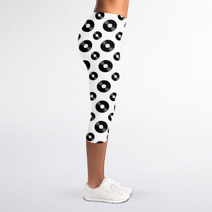 White And Black Vinyl Pattern Print Women's Capri Leggings