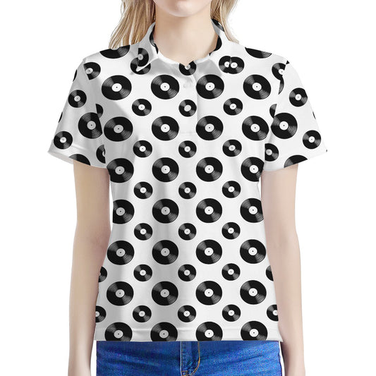 White And Black Vinyl Pattern Print Women's Polo Shirt