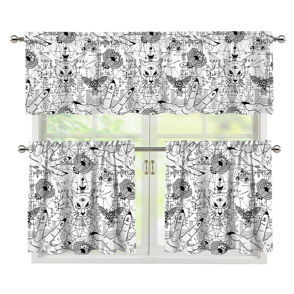 White And Black Wicca Magical Print 3 Piece Kitchen Curtains