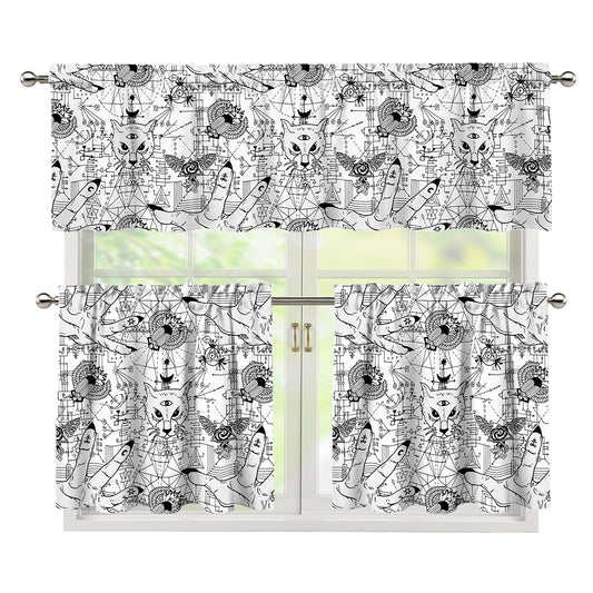 White And Black Wicca Magical Print 3 Piece Kitchen Curtains