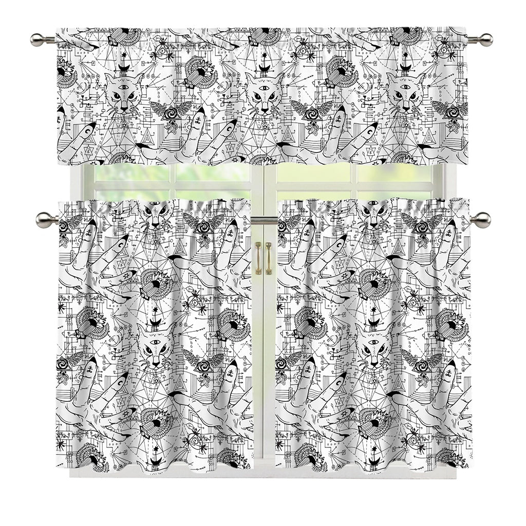 White And Black Wicca Magical Print 3 Piece Kitchen Curtains