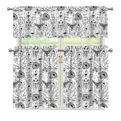 White And Black Wicca Magical Print 3 Piece Kitchen Curtains