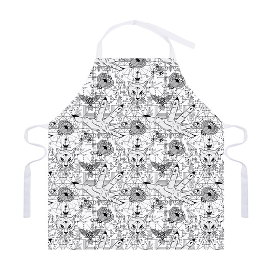 White And Black Wicca Magical Print Adjustable Apron