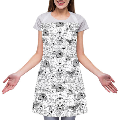 White And Black Wicca Magical Print Adjustable Apron