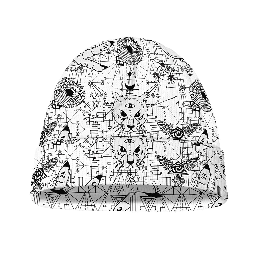 White And Black Wicca Magical Print Beanie