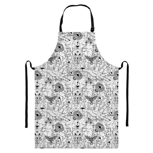 White And Black Wicca Magical Print Bib Apron With Pocket