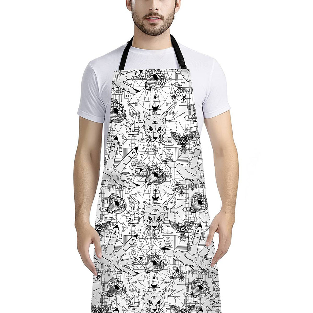 White And Black Wicca Magical Print Bib Apron With Pocket