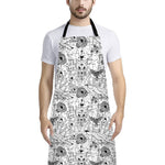 White And Black Wicca Magical Print Bib Apron With Pocket