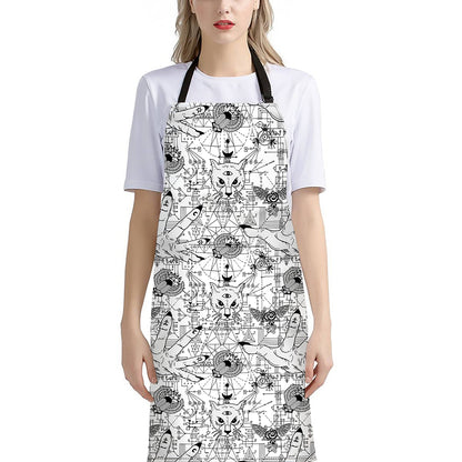 White And Black Wicca Magical Print Bib Apron With Pocket
