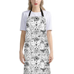 White And Black Wicca Magical Print Bib Apron With Pocket