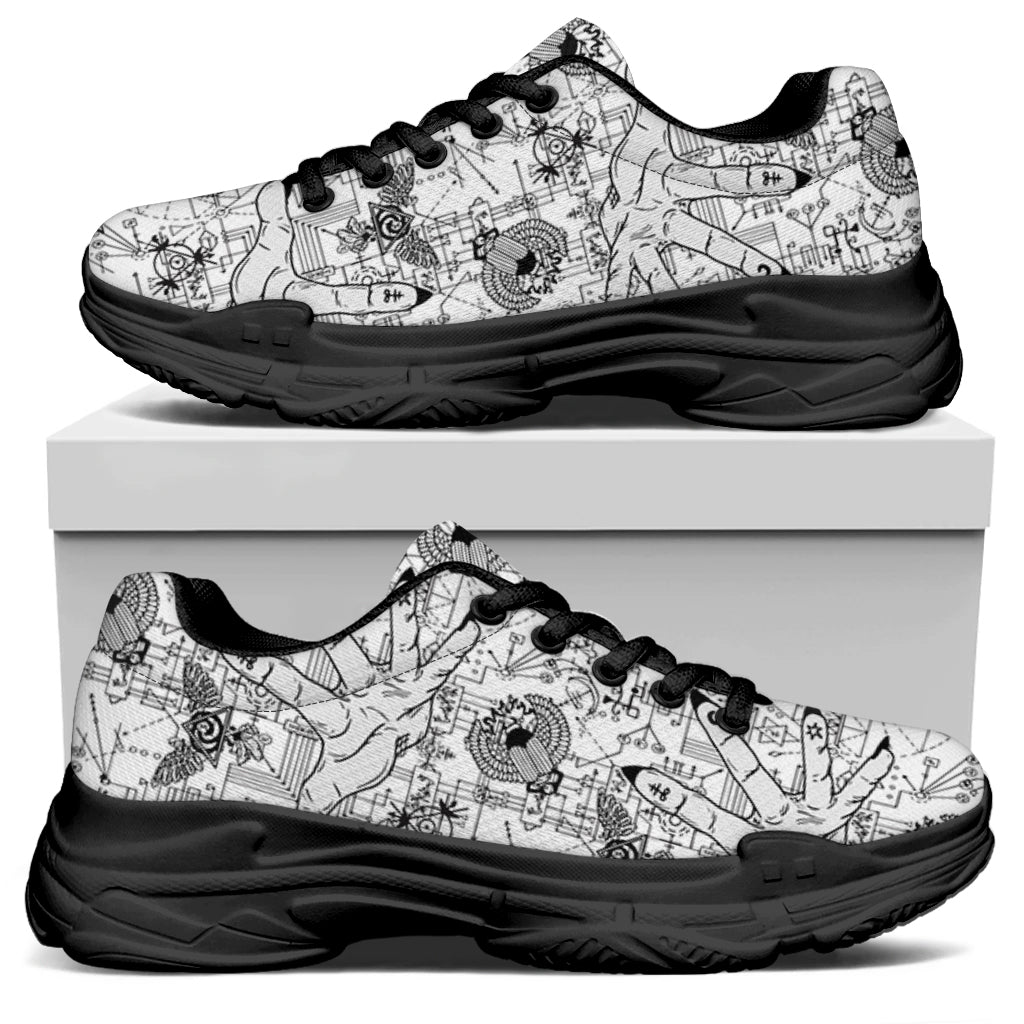 White And Black Wicca Magical Print Black Chunky Shoes