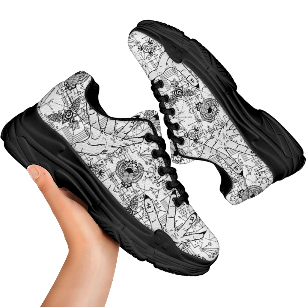 White And Black Wicca Magical Print Black Chunky Shoes