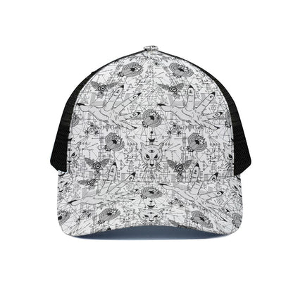 White And Black Wicca Magical Print Black Mesh Trucker Cap