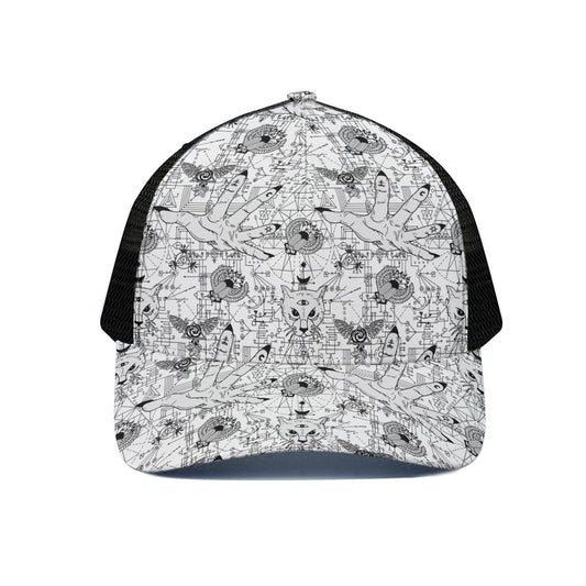 White And Black Wicca Magical Print Black Mesh Trucker Cap