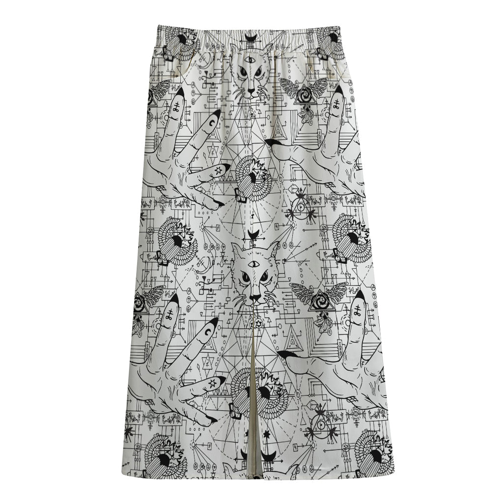 White And Black Wicca Magical Print Cotton Front Slit Maxi Skirt
